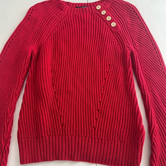 Lauren Ralph Lauren Women's red Chunky Knit Sweater Sz Petite Small Gold Buttons - Picture 3 of 7